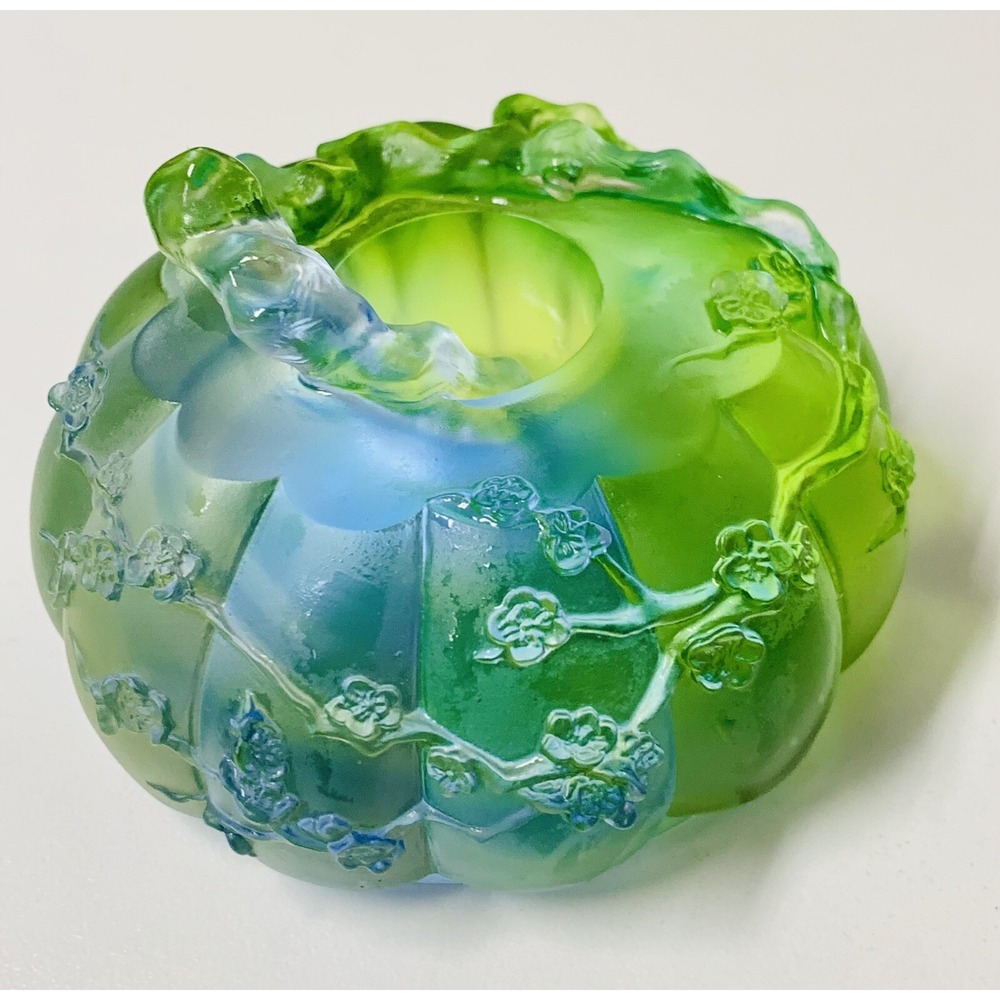 VTG '98 Liuligongfang Asian Green Blue Crystal Art Lotus Decorative Signed RARE! - Picture 1 of 12
